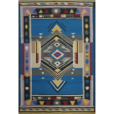 Hand Woven Oriental 100% Wool Carpet Southwestern Tribal Navy Blue & Blues Kilim Area Rug - 10' 1'' X 8' 2''
