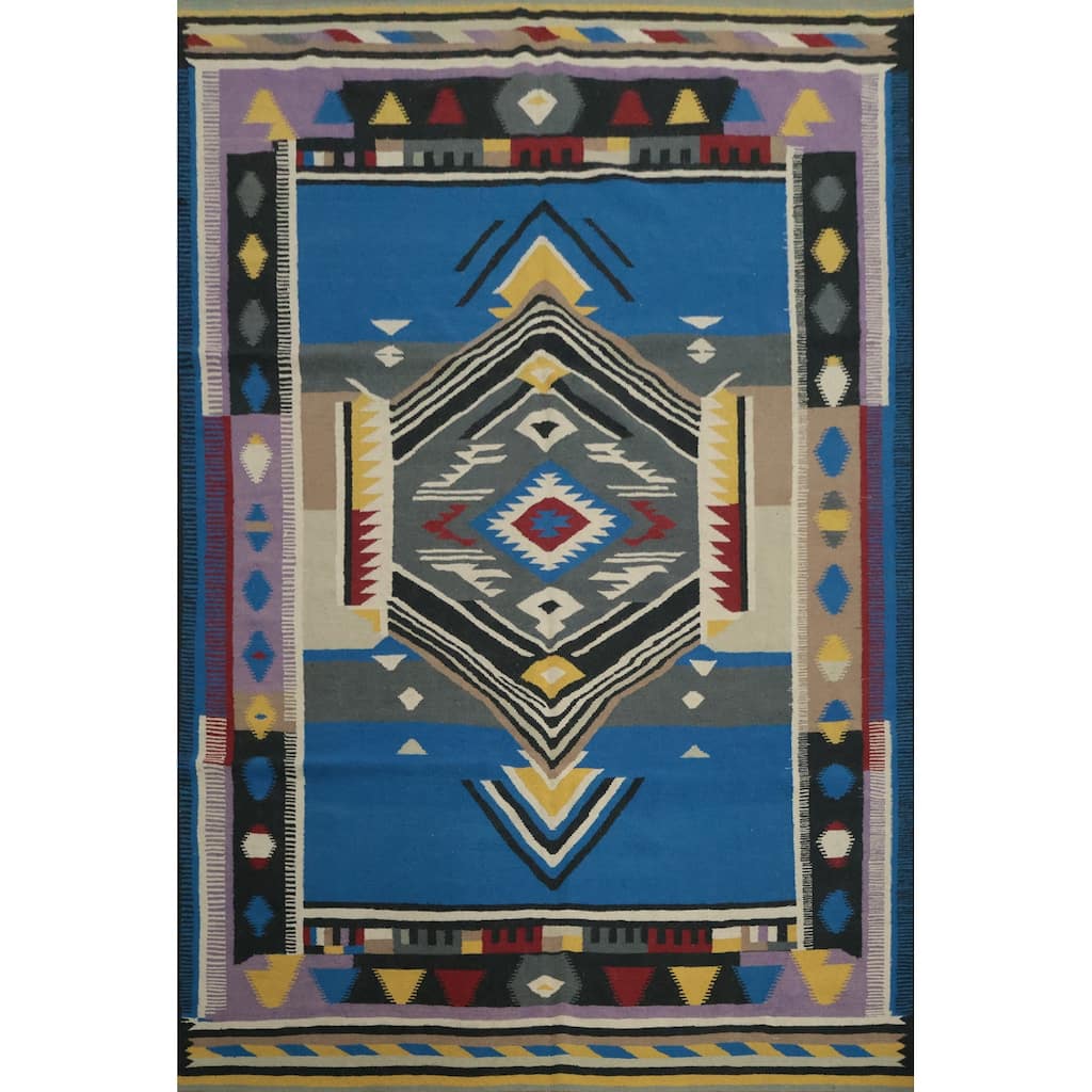 Hand Woven Oriental 100% Wool Carpet Southwestern Tribal Navy Blue & Blues Kilim Area Rug - 10' 1'' X 8' 2''