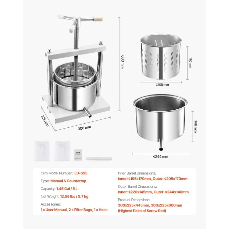 5L Stainless Steel Manual Fruit Wine Press Grape Juicer with Non-Slip Handle for Wine Extraction - 300x225x445 mm