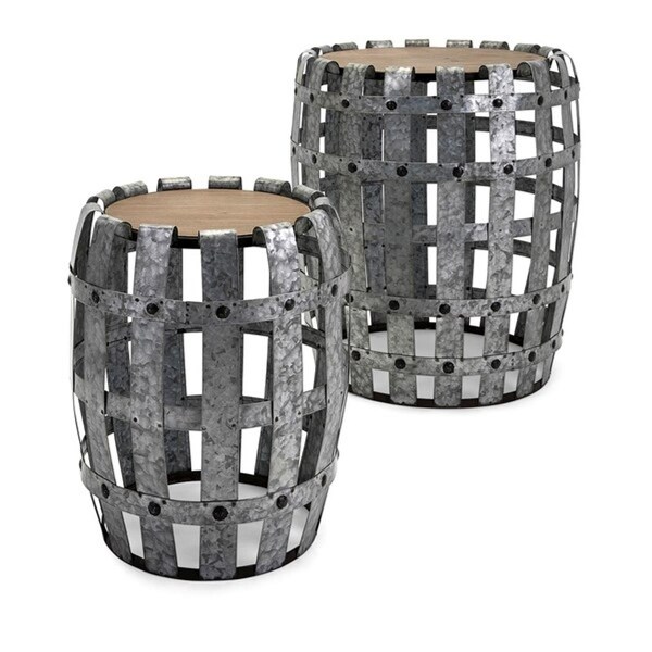 Set of 2 Industrial Inspired Galvanized Metal and Fir Wood Round Accent Tables - N/A