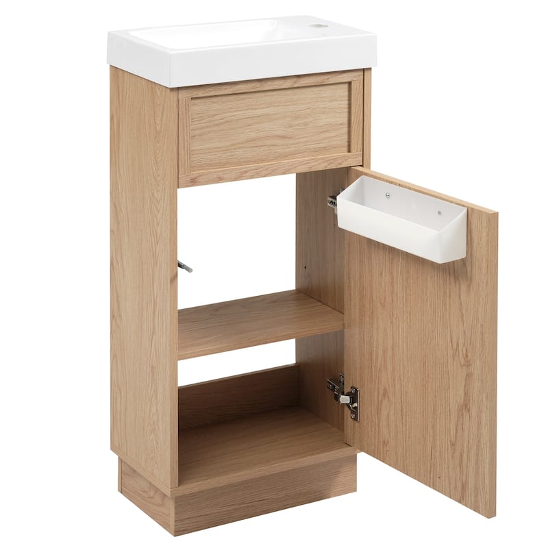 Roomfitters 15.75" Bathroom Vanity with Resin Sink, Adjustable Shelf, Push-to-Open Reversible Door, Wood