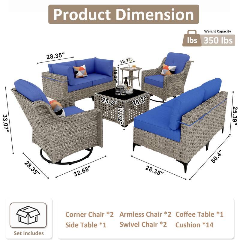 OVIOS 8 Pieces Outdoor Wicker Swivel Chair Set With Solar-Powered Coffee Table