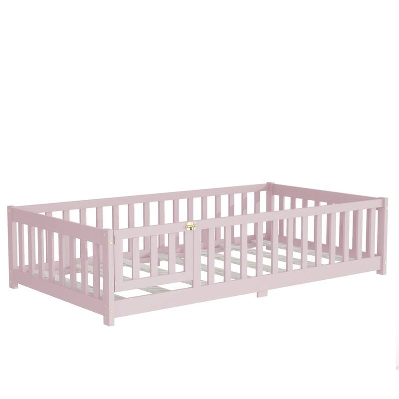 Twin/Full/Queen Size Floor Bed with Fence Guardrails and Door, Rubber Wood Toddler Bed Montessori Bed with Slats Support