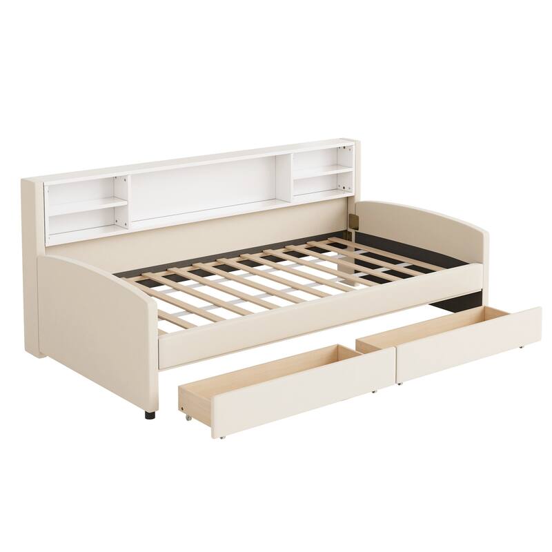 Twin Velvet Upholstered Bed Frame with Storage Drawers and Built-In Shelf, Platform Design with Plush Headboard
