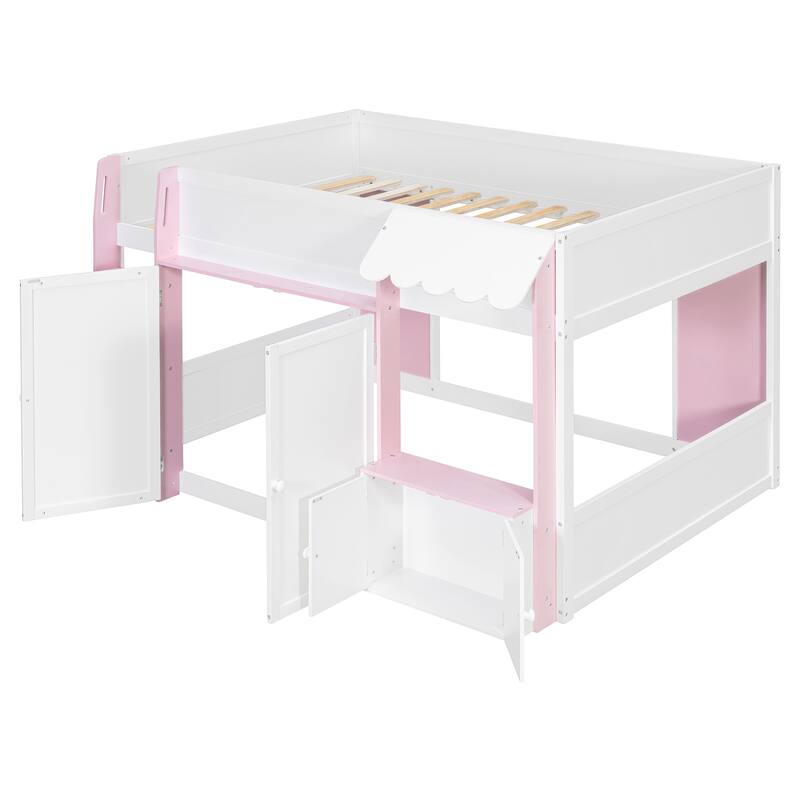 Roomfitters Full Loft House Bed with Playhouse and Storage Cabinets, Modern Wood Cabin Sleeper