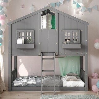 Elegance Unique Design Wood House Roof bunk Bed,Minimalistic Design Kid's Bunk Bed,Gray