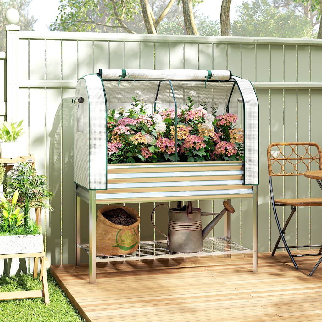 Outsunny Galvanised Raised Garden Bed with Greenhouse Cover, Metal Elevated Garden Bed with Legs, Bed Liner and Bottom Shelf
