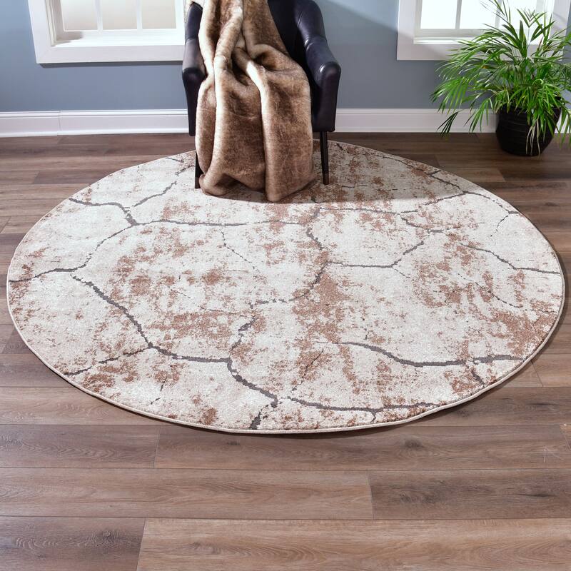 Milan Collection Abstract Stone Area Rug - 8'1'' Round - Cream/Brown