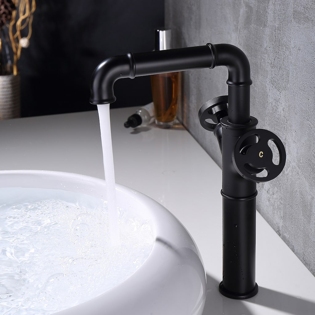 2 Handle Single Hole Matte Black Vessel Sink Bathroom Faucet in Black/Gold