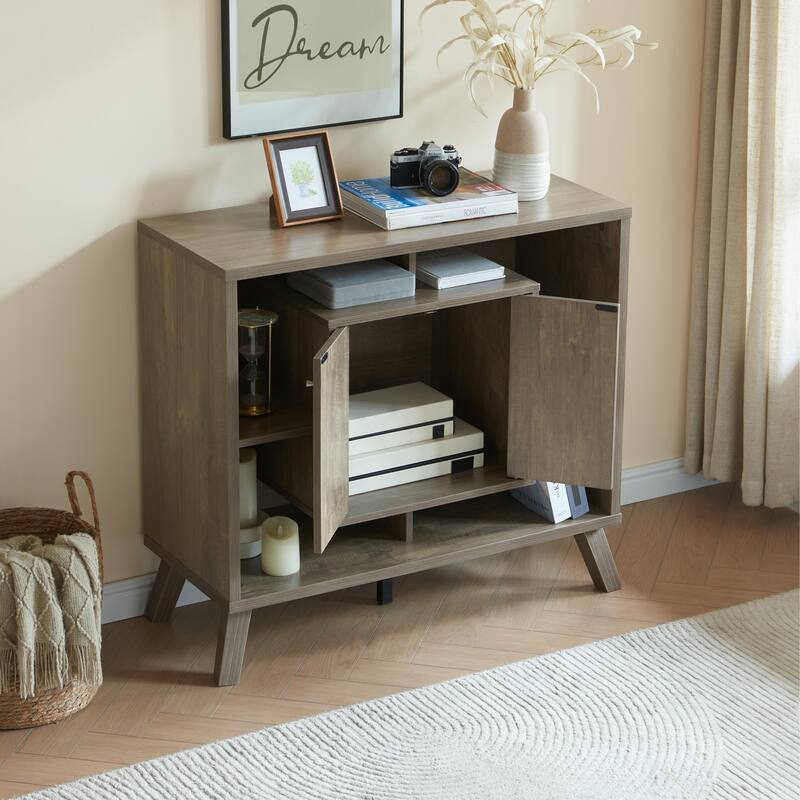 Compact display storage sideboard bookcase cabinet two door four open shelves metal knobs wooden flared legs - Tan