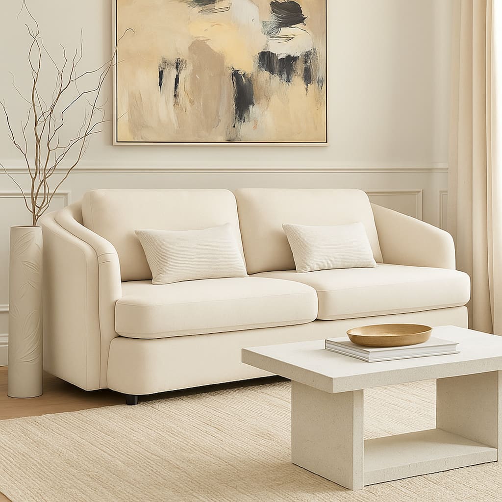Riku Sofa, 2 Lumbar Pillows, 84 Inch, Beige Linen, Modern Shape