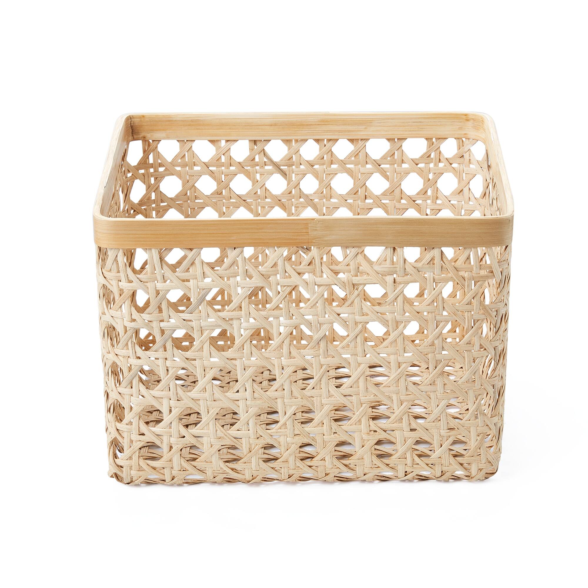 Set Of Two Square Natural Cane Storage Bins With Bamboo Rim Natural
