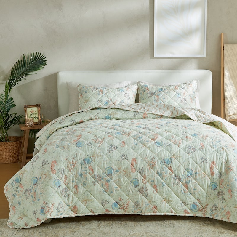 Patina Vie Maison Reversible Vintage Coastal Quilt Set - Blue Shells - Twin - Twin XL