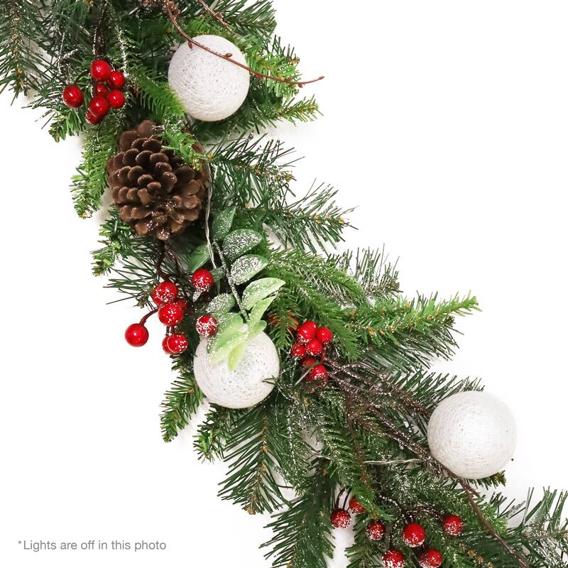 6ft Artificial Mixed Frosted Berry Twig Pine Cone & Pine Christmas Garland with Woven Globe String Light Set