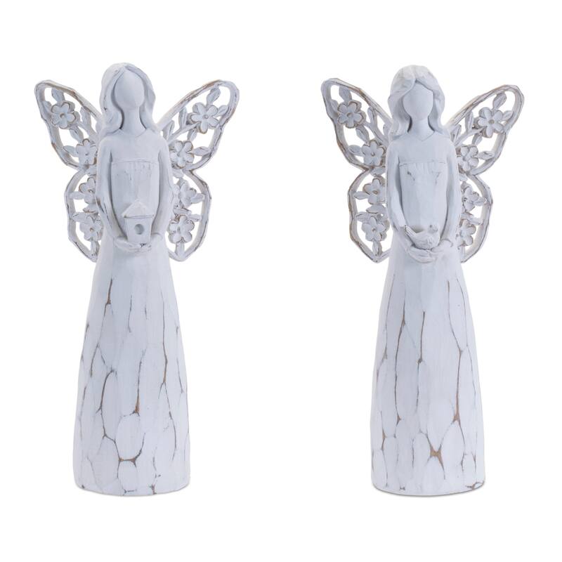 HomeRoots Set of Four White Polyresin Floral Wing Angel Figurines - 4.90 in. x 10.25 in. x 3.15 in.