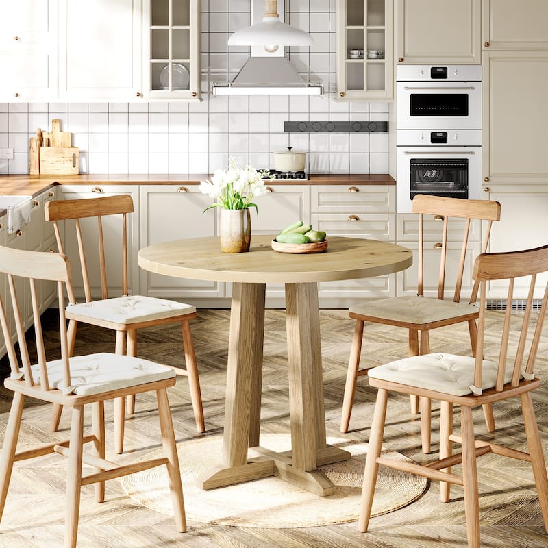 31.5” Round Dining Table Farmhouse Small Kitchen Table with Base - Natural Wood Color - N/A