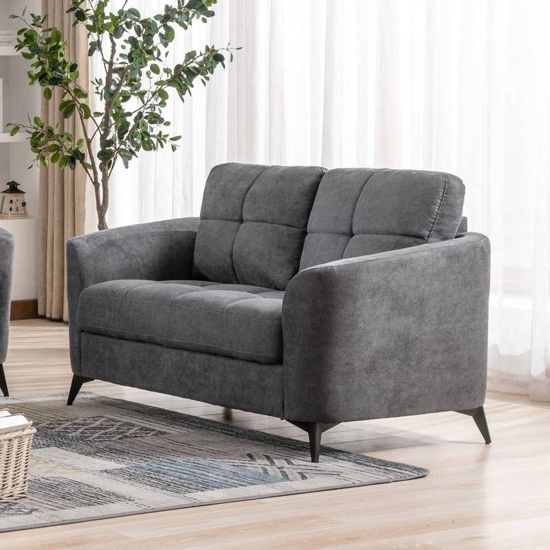 Woven Fabric Loveseat Sofa, Couch Settee with Tufted Cushions, 2 Seater Sofa with Pocket Coil Seating and Metal Legs - Gray