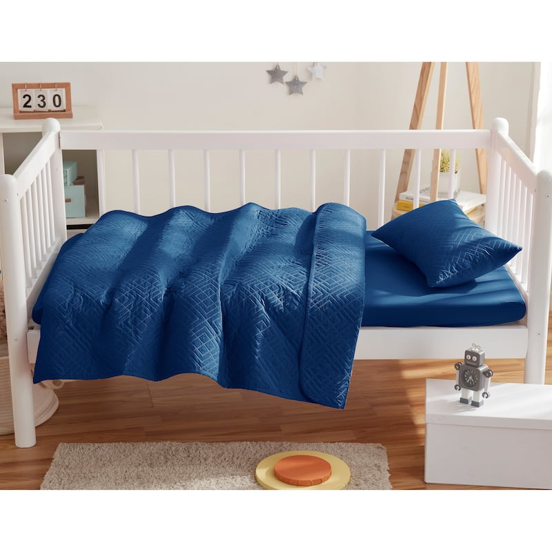 Clara Clark Diamond Weave Toddler Bedding Set, 3PC Bedspread Set - All Season Quilted Comforter, Fitted Sheet, and Pillow Sham - Navy Blue