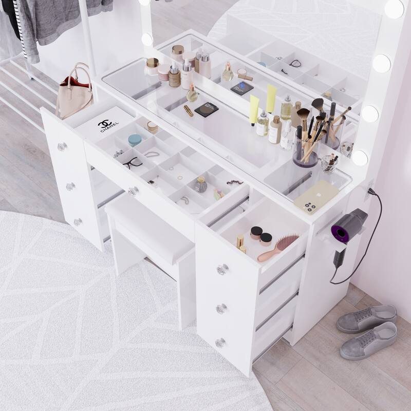 Modern White Makeup Vanity Desk with 13 Dimmable Lights, Glass Top, USB-A & USB-C, 7 Drawers, Hair Dryer Holder, and Stool