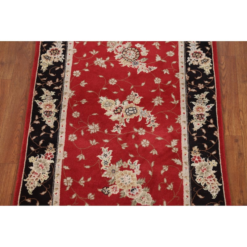 Red Floral Tabriz Chinese Runner Rug Handmade Wool and Silk Carpet - 2'5" x 8'1"