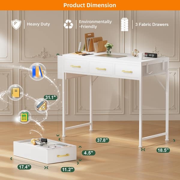 Small White Computer Desk with 3 Fabric Drawers for Home Office Bedroom ...