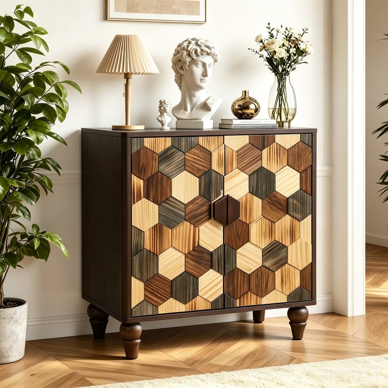 30.3" Mid Century Modern 2-Door Sideboard with Shelf & Turned Ball Legs, Hexagonal Mosaic Accent Storage Cabinet
