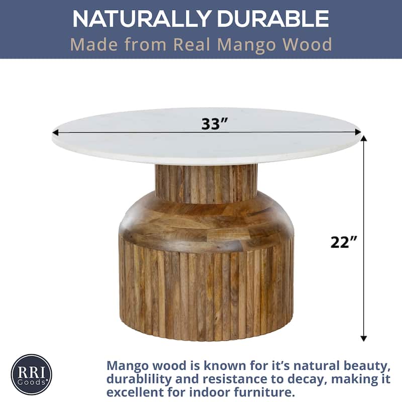 33" Round Marble Top Coffee Table with Pleated Mango Wood Base