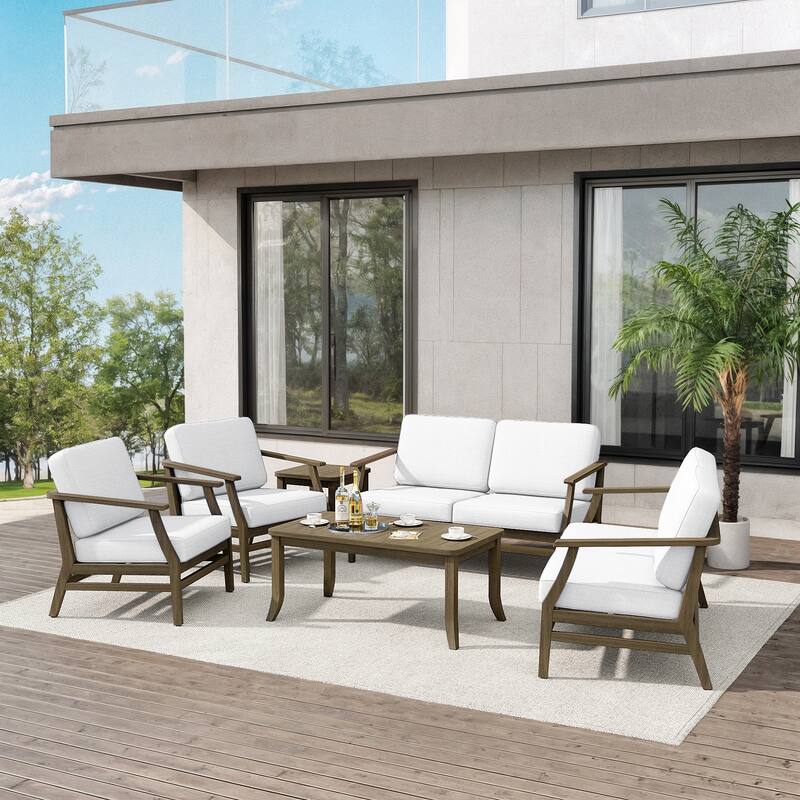 Teak Outdoor Patio Conversation Set with Cushions and Tables (6-Piece)
