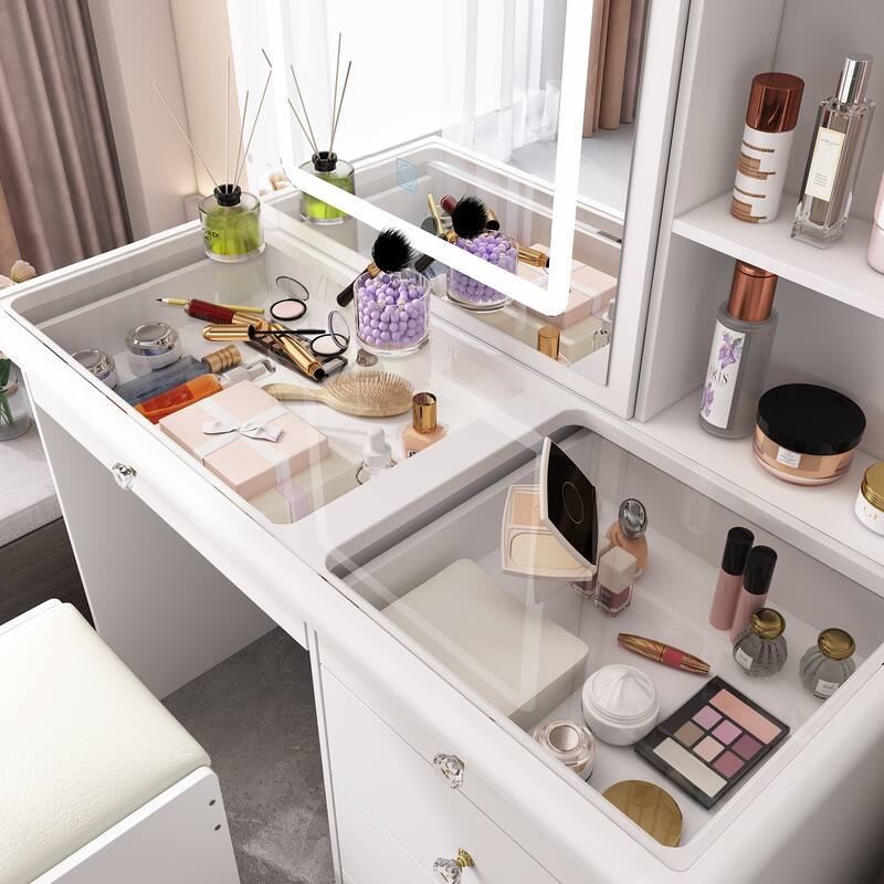 Smart Vanity Design,Sliding Mirror,and Noise-Free Drawer Dresser Table - 39.4"W