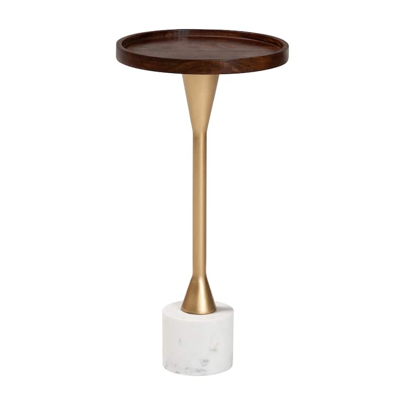 Janaki Drink Table with Marble Base - Compact Pedestal Accent Table with Tray Top for Living Room or Sofa Side - Marble White, Gold, Walnut Brown