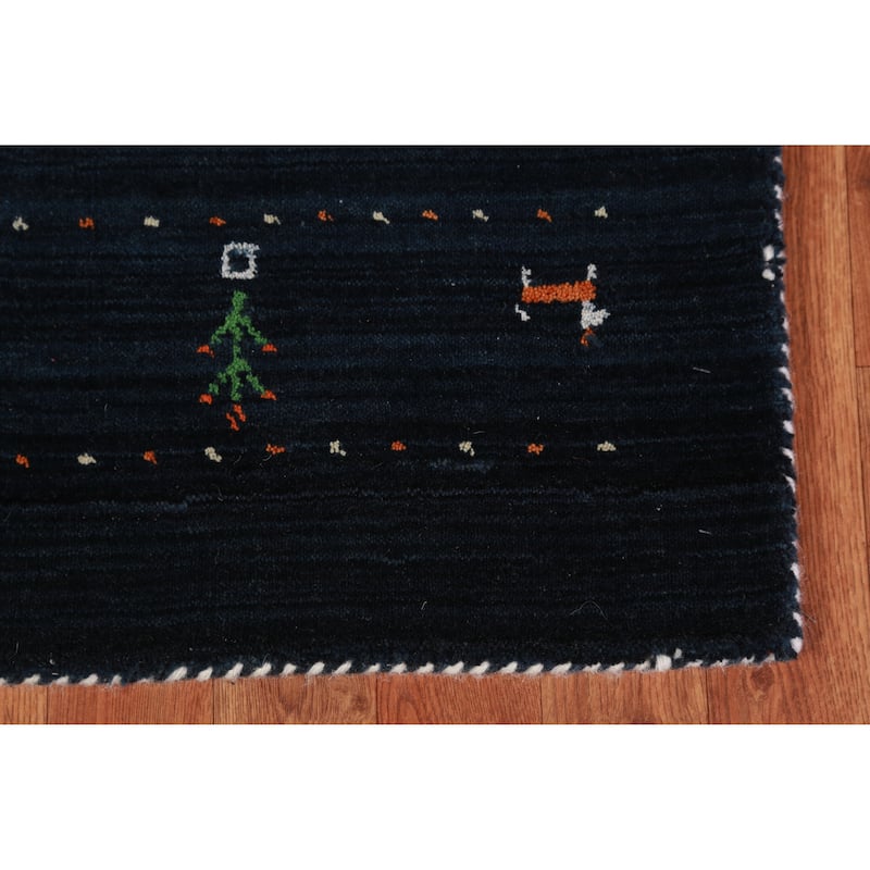 Dark Navy Blue Tribal Gabbeh Oriental Rug Hand-Knotted Wool Carpet - 3'0" x 5'0"