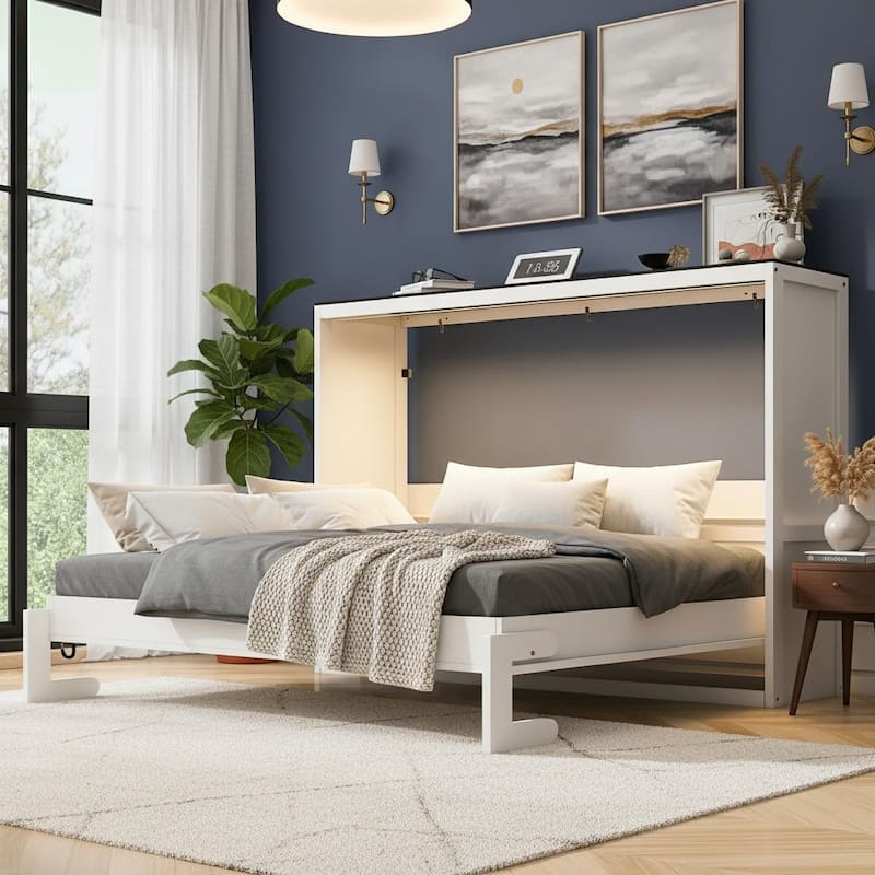 Murphy Bed with LED Light by Harper&Bright Designs - White - Full