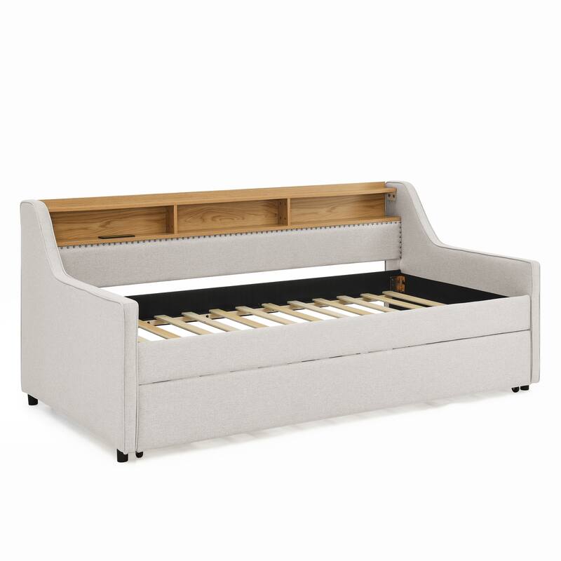 Roomfitters Twin Upholstered Daybed with LED Headboard Storage, Foldable-Leg Trundle & Wireless Charging