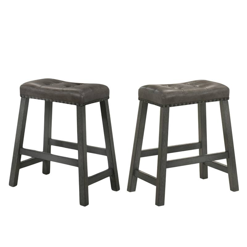 Backless Counter Stool Set of 2 - 25 Inch Wooden Barstool with Leather Seat, Sturdy Frame - Space-Saving Counter-Height Seating - Antique Grey