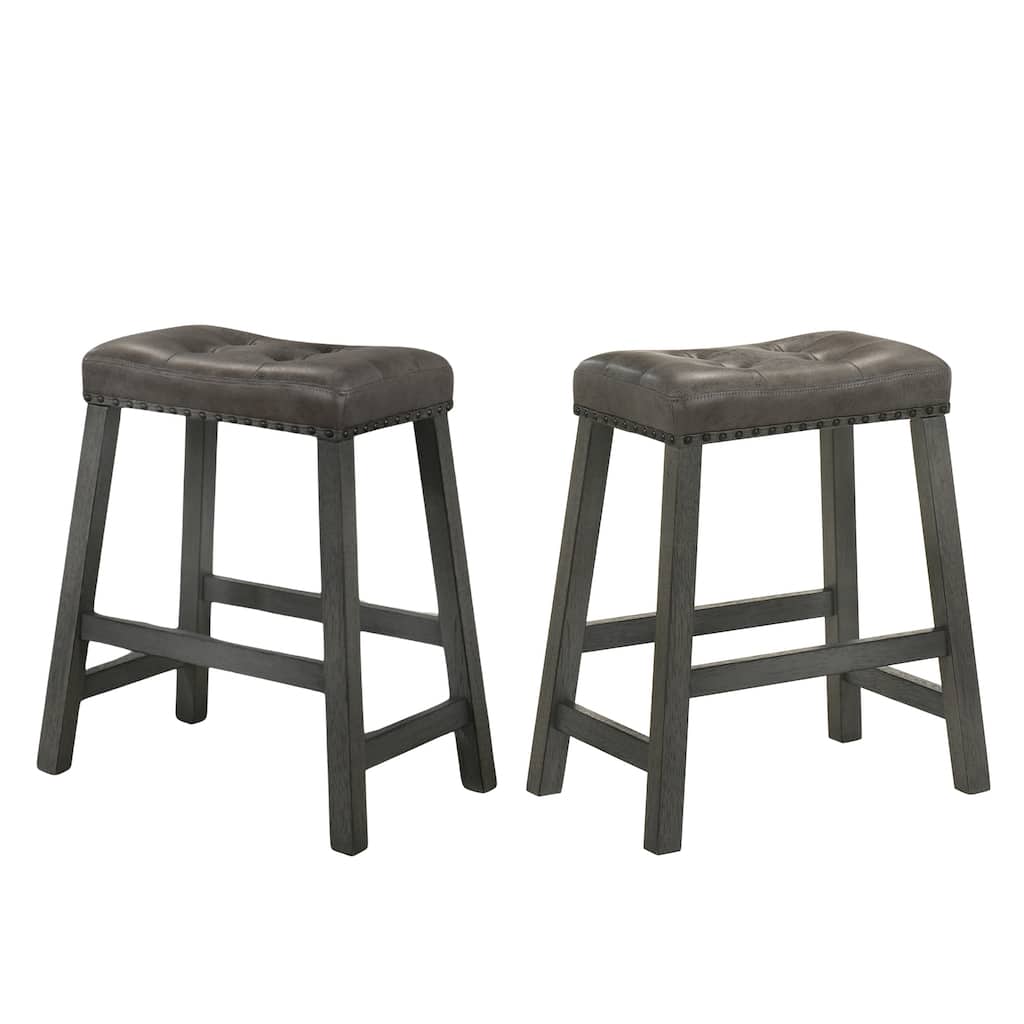 Rustic Backless Counter Stool Set Of 2-25 Inch Wooden Farmhouse Barstool With Leather Seat,Distressed Finish & Sturdy Frame