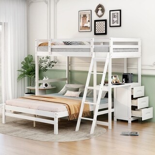 Separate Design Twin over Full Bunk Bed with Built-in Desk and 3 Drawers