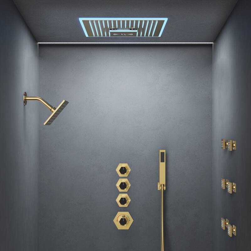 GRANDJOY LED Music Shower System 16" & 6" Dual Shower Heads with 6 Body Jets - Brushed Gold