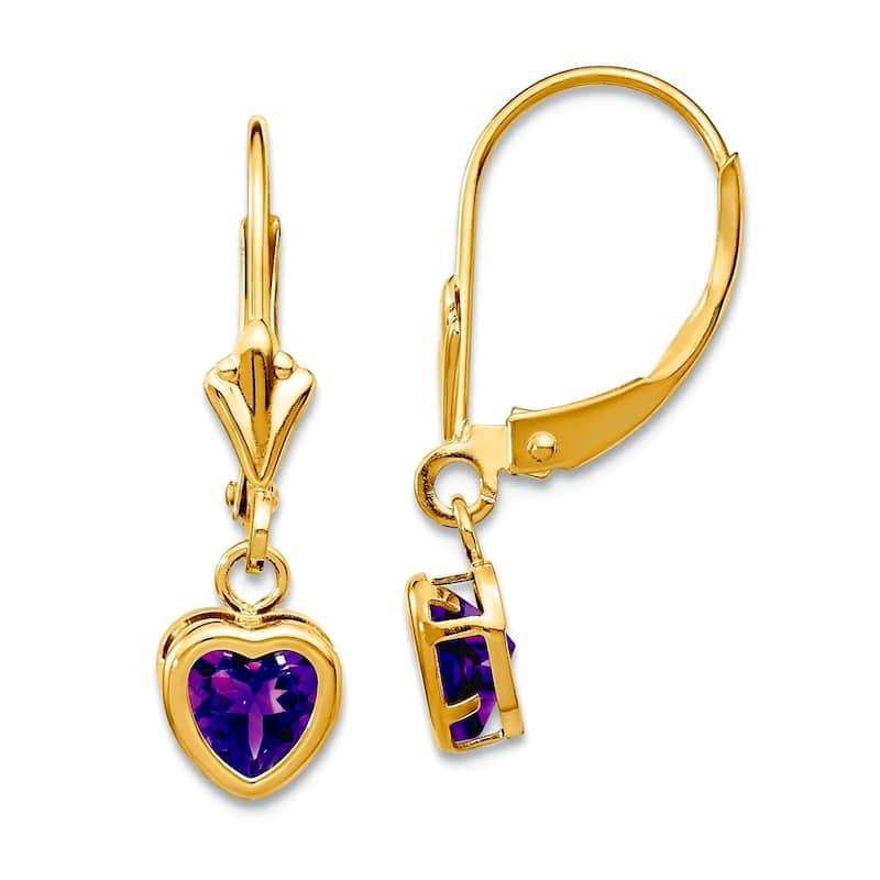 Curata 14k Yellow Gold 5mm Bezel Heart-shaped Gemstone Leverback Earrings - 23x6mm - Amethyst