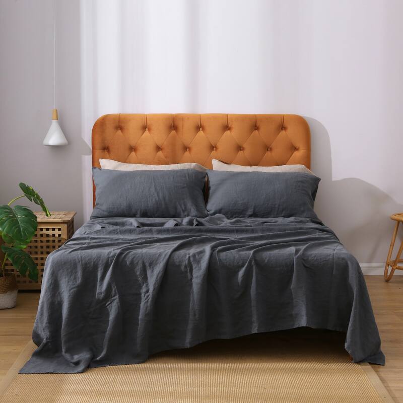 Highland Feather 100% French Linen Sheet Set - 1 Flat Sheet & 1 Fitted Sheet & 2 Pillowcases - Classic Luxury (165gsm)