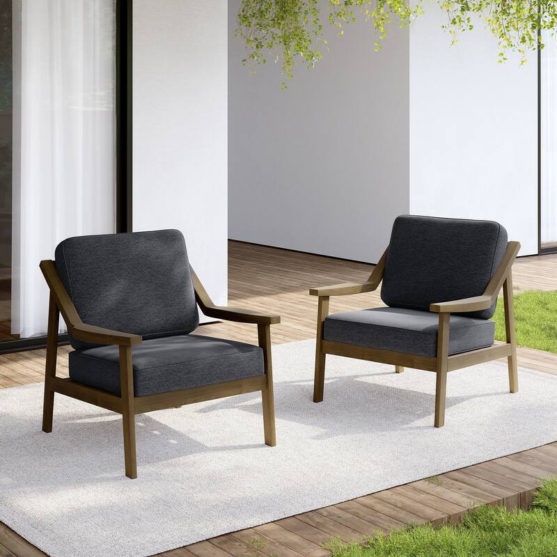 Set of 2 Outdoor Teak Wood Patio Chair with Cushion - Natural Wood - Dark Grey
