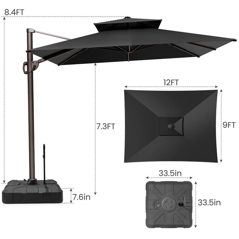 9 x 12 ft Double Top Patio Cantilever Umbrella 360-degree Rotation with Base