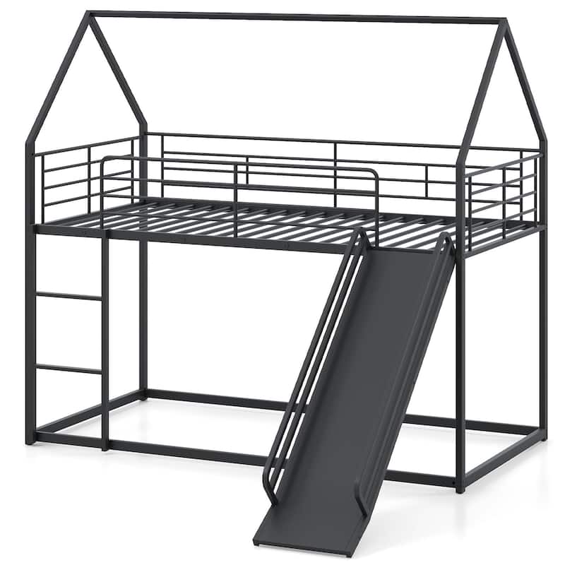 Black Twin Size Metal Bunk Bed with Slide and Ladder Heavy Duty Loft Frame with Guardrails for Kids