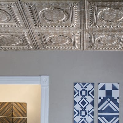 FASÄDE Rosette Decorative Vinyl 2ft x 4ft Glue Up Ceiling Panel in Vintage Metal (5 Pack)