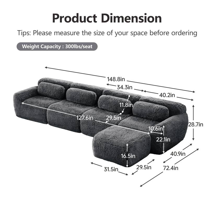 148.8 Inch Modular Couch with Ottoman, Comfy Couches, L Shaped 4 Seat Sofa, Modern Sectional Couches for Living Room