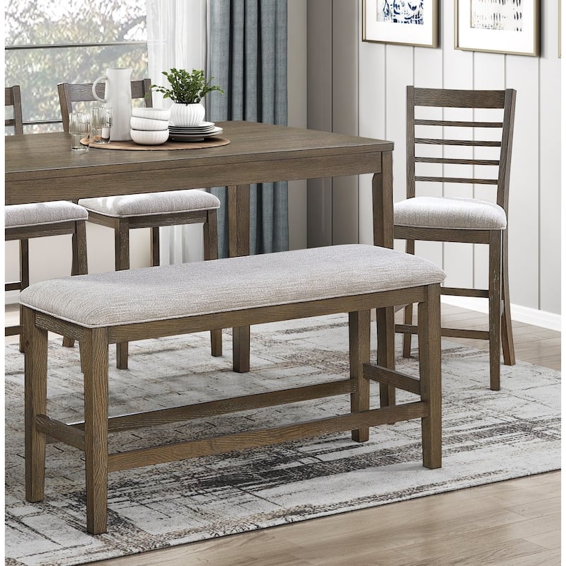 6pcs Dining Furniture Set Counter Height Table Chairs Bench Upholstered Seat Cushion Light Brown Finish