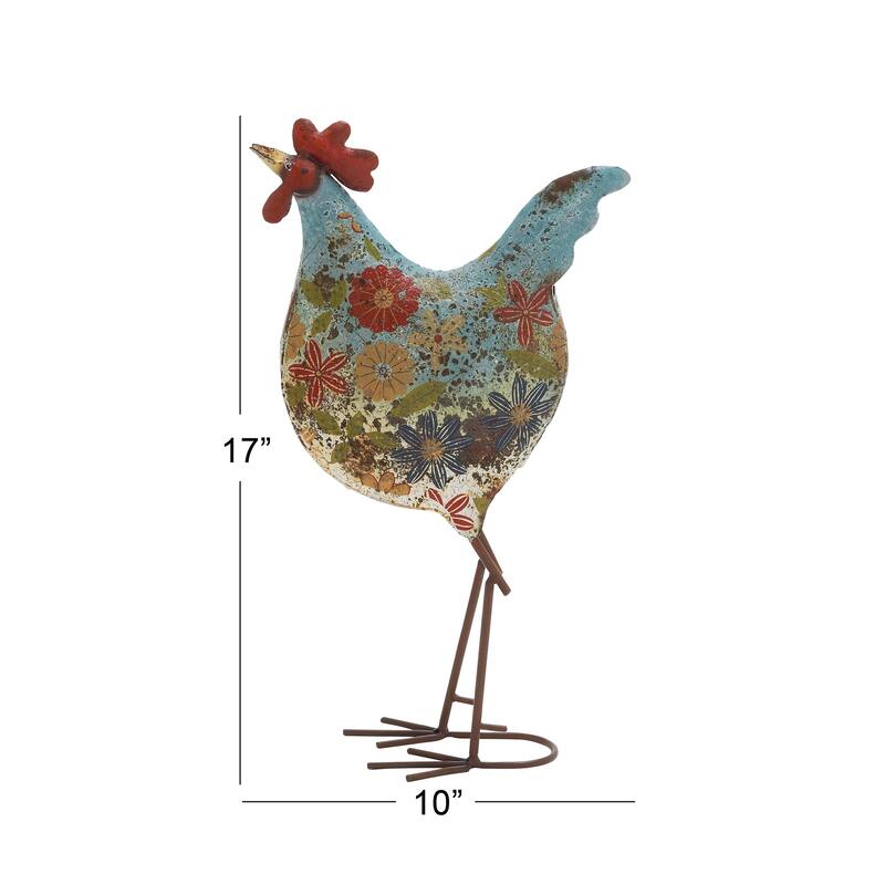 Green or Cream Metal Indoor Outdoor Distressed Standing Rooster Garden Sculpture with U Shaped Feet