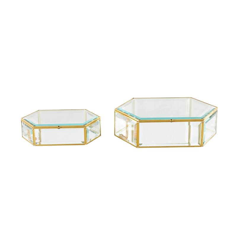 Clear Glass Beveled Hexagon Geometric Decorative Jewelry Box with Gold Metal Frame and Chain Accent (Set of 2)