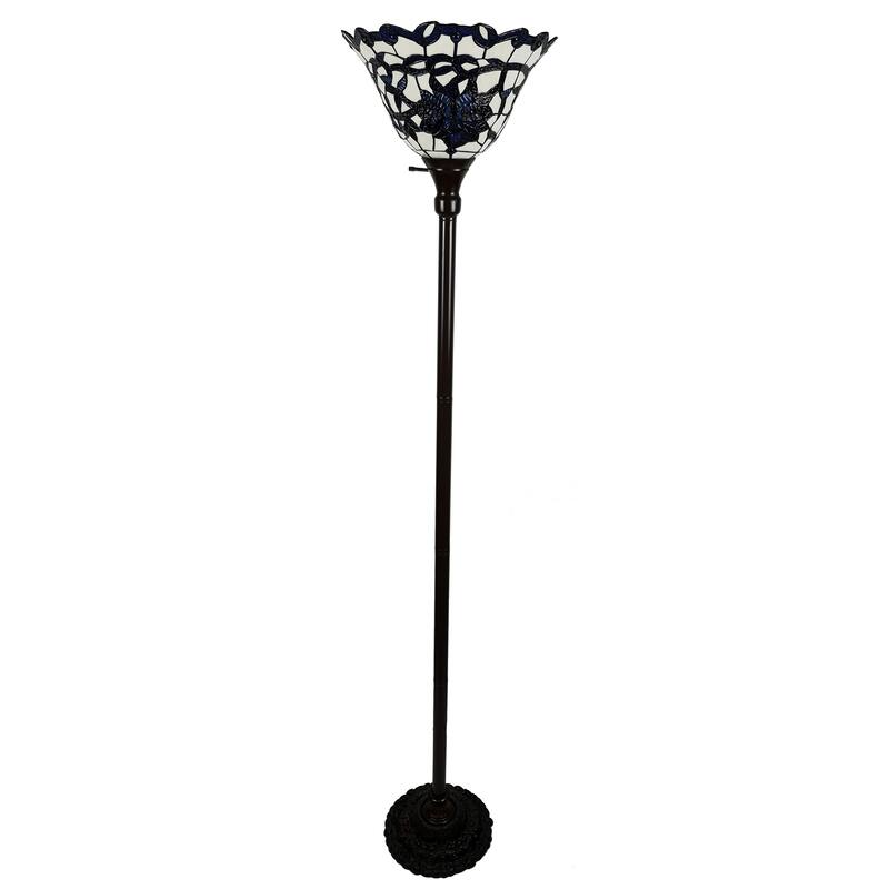 Prim 14-inch Blue/White Flower Design Glass/Bronze Tiffany-Style Torchiere Lamp