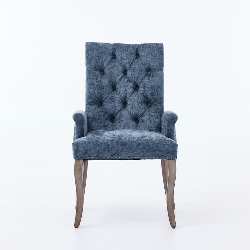 Upholstered Chenille Fabric Accent Dining Chair, Curved Solid Wood Legs, Elegant Tufted Club Dining Room Kitchen Room Arm