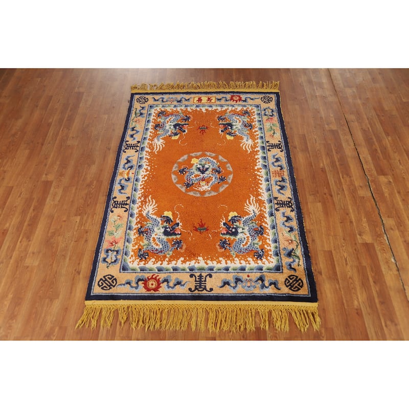 Hand Knotted Oriental Silk Carpet Traditional Medallion Oranges & Rust Art Deco Area Rug - 6' 2'' X 4' 0''